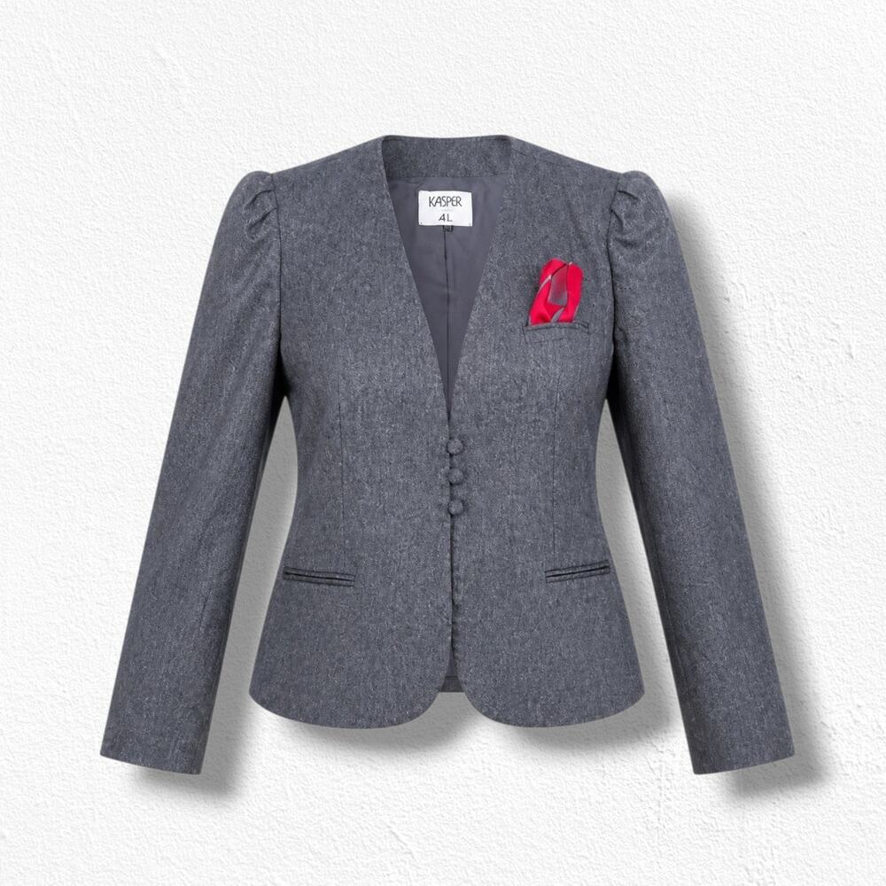 Vintage 80s Kasper Gray Wool Puff Sleeve Blazer Size 12 Pocket Square Officewear